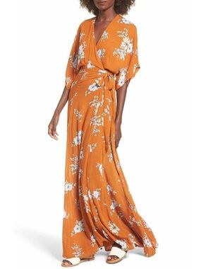 Faithfull the Brand Rust Orange Floral Wrap Maxi Dress